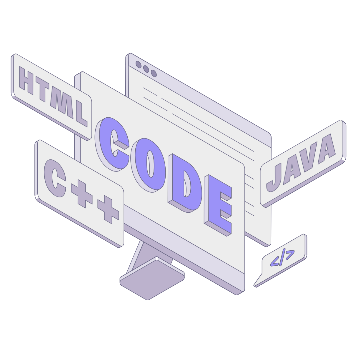 PNG、SVG 形式の Computer screen with programming languages, coding education  and software development イラスト